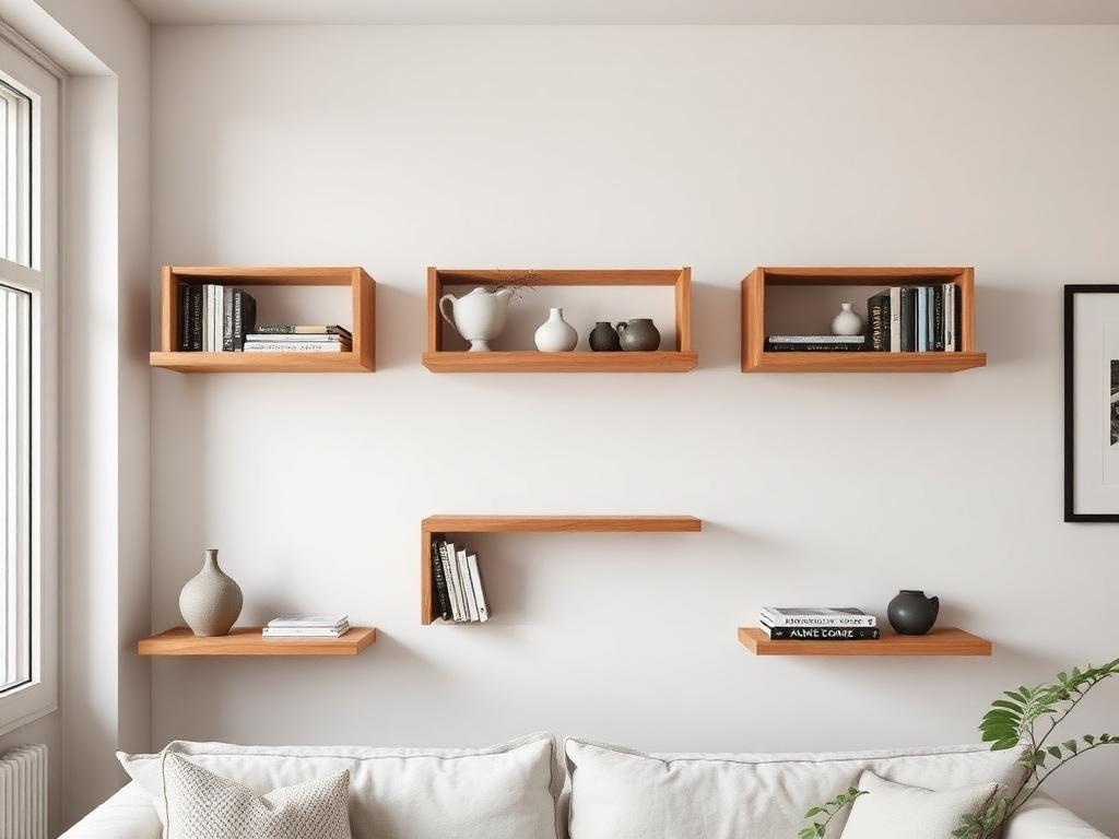 Floating shelves for a small apartment living room wall