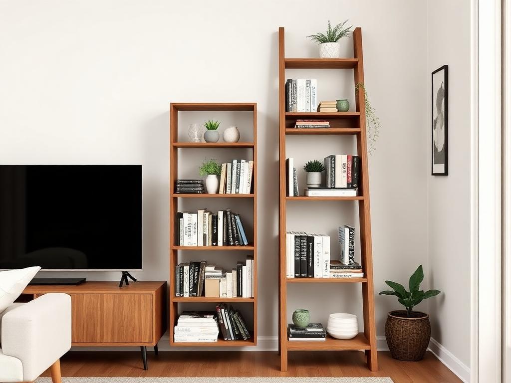 Ladder shelf woodworking plan, rental friendly leaning bookcase