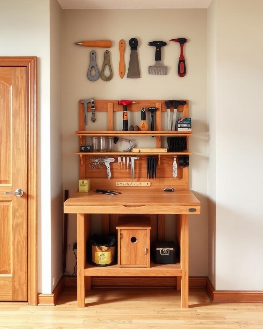 Small Space Woodworking Projects, fold away workstation in a studio apartment